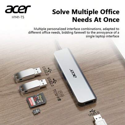 Acer USB3.0/Type-C Hub, 5-In-1 USB Splitter, SD/TF Card Reader, 5 Data Ports, 100W PD Charging, 1000/100Mbps, Compatible With Laptops, PCs, Tablets, Phones, Docking Station HY41-T5