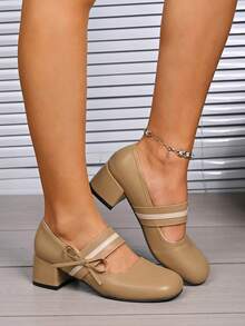 女士优雅纯色蝴蝶结一脚蹬粗跟圆头时尚鞋