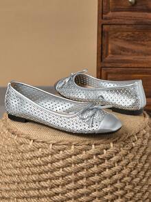 优雅中式镂空蝴蝶结平底鞋 - 銀色 - 查看 5