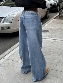 Women's High Waist Casual Y2k Streetwear Baggy Distressed Vintage Washed Wide Leg Jeans - 中等水洗藍 - 查看 3