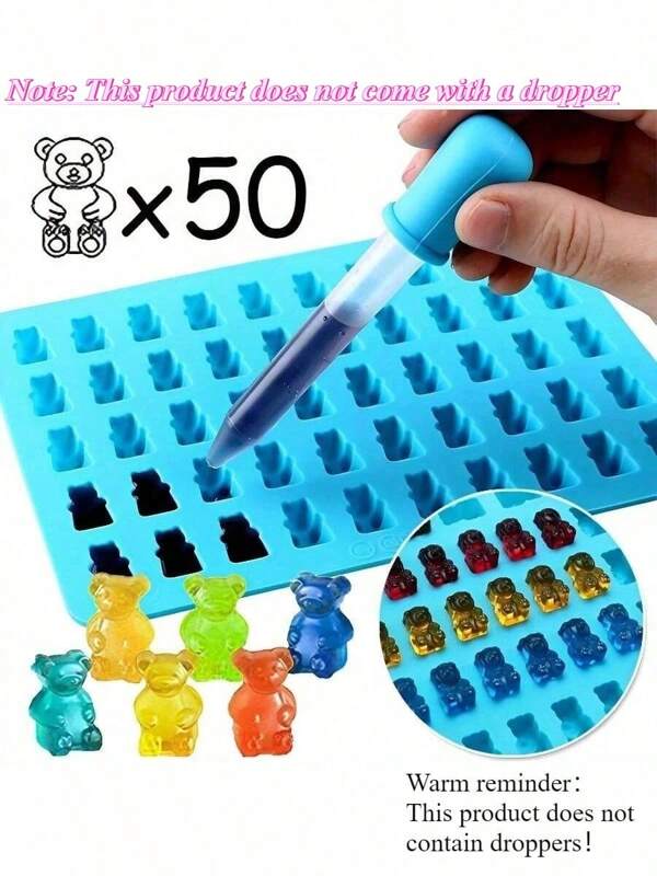 Molde de silicone para urso de goma, 1 peça, 50 grades, molde fofo de urso, gelatina com conta-gotas, moldes para doces, chocolate, fondant, ferramentas de decoração para confeitaria, urso, chocolate, sabonete, bolo, gelatina, pudim, sabonete, bolo, ferramentas para confeitaria - sem conta-gotas