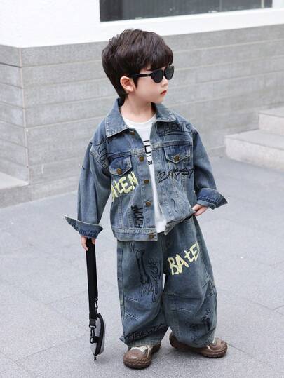 2pcs/Set Boys Casual Denim Jacket And Jeans Outfit Set, Loose Fit Suitable For Daily, School, Outdoor Wear, Autumn