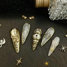 10pcs Gold 3D Decorative Press On Nails Handmade Acrylic French Y2K Style Milky White Nude Color Stiletto Full Coverage Fake Nail Set With Pearl Star Bow Moon Eye Cross Details Luxury Cute Press On Nails For Valentine's Day Gifts Easter Party Wedding Daily Wear Comes With Mini Nail File And Double Sided Adhesive Tabs - 金色 - 查看 3