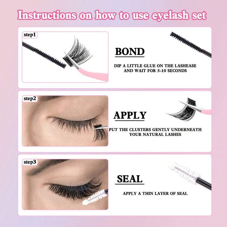 Single Cluster Segmented Natural 3D Lower Lashes False Eyelashes Set C Curl Dense Date Eyelashes False Eyelashes Halloween Lash Clusters Lash Clusters Kit - DIY-SET-476(粉紅三件組) - 查看 6