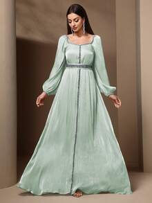 Women's Elegant Sequin Splice Lantern Sleeve Dress, Spring/Summer - Green - View 6