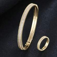 2入組時尚立體鑽石星空裝飾手環和封閉戒指組,適用於女性日常穿著 - 金色 - 查看 8