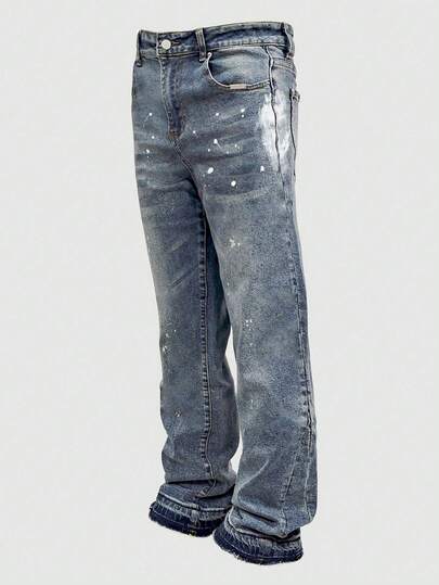 leev 喇叭牛仔裤，泼墨水洗牛仔裤，轻盈商务休闲修身破洞裤脚男士牛仔裤，四季皆宜，纽扣拉链闭合，修身直筒裤型