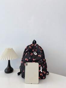 1pc, Versatile, Fashionable, High-Value, Niche Design, Casual, Cute, Sweet, Hand-Held Backpack, Fabric Letter Strawberry Print, Adjustable Shoulder Strap, Large Capacity, Multi-Pocket Backpack, Suitable For Women'S Daily Commuting And Going Out For Shopping And Play