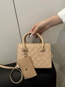 輕薄商務休閒拼花雙手提方形袋，附小袋適合十幾歲女生、女性大學生、初入職場的白領 workers。適用於辦公室、學院、工作、商務、通勤、戶外、旅行和郊遊。