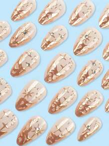 Instantly Upgrade Your Look With 24pcs Personalized Vintage Street Simple Daily Elegant 3D Gold Asymmetric Heavy Metal And Golden Asterism Rhinestone Decor French Short Almond Fake Nail Kit, Suitable For Elegant And Personalized Girls And Women To Use In Daily Life