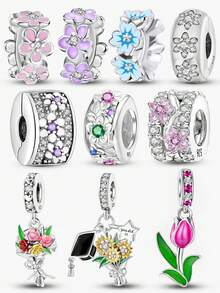 1 pezzo Accessorio alla moda con fiori blu e perline, adatto per braccialetti/bracciali fai-da-te da donna, abbinamento per gioielli da uso quotidiano, ottimo regalo per la fidanzata per San Valentino - Argento - Visualizzare 2