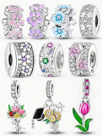 1Pc Fashionable Blue Flowers Series Charm Bead Fit For Women Bracelets Bangles DIY Jewelry Making And Daily Outfit Matching Jewelry Decoration For Girls Valentines