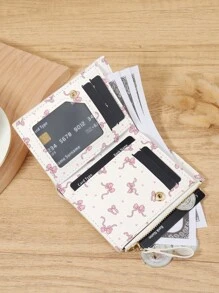 女士时尚新款蝴蝶结印花短款钱包零钱包时尚拉链款卡夹钥匙和现金通用小收纳包女士钱包女式钱包迷你钱包零钱包小钱包可爱钱包 - 白色 - 查看 4