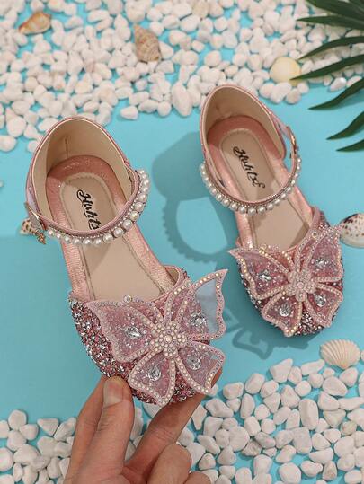1 Pair Fashion Princess Shoes For Little Girls, Featuring Faux Rhinestones & Bow Detailing, Soft Sole Sandals, Rhinestone Baby Shoes, Sequin Ballet Flats