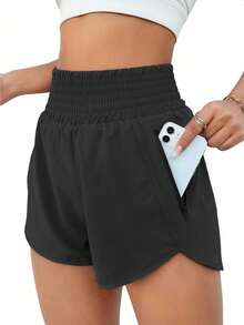 Women'S Athletic Running Shorts, Workout Gym, Elastic Waist Quick Dry Sports Shorts, High Waisted Yoga Workout Shorts With Mesh Liner Zipper Pockets - 黑色 - 查看 1