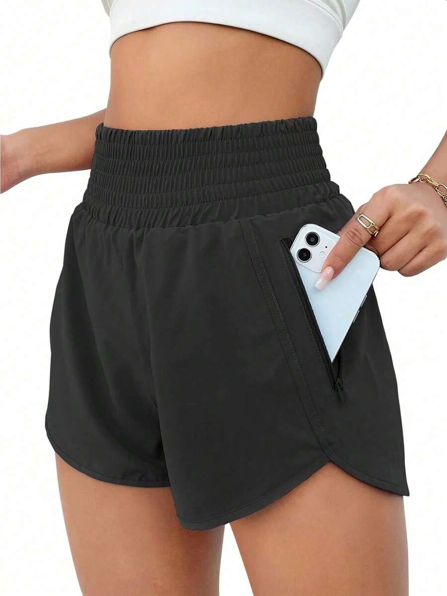 Women'S Athletic Running Shorts, Workout Gym, Elastic Waist Quick Dry Sports Shorts, High Waisted Yoga Workout Shorts With Mesh Liner Zipper Pockets - 黑色 - 查看 1