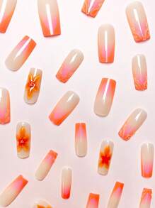 24 piezas/set Puntas de uñas ovaladas de longitud media francesas simples, estilo 3D de flores rosas y naranjas con perlas, uñas postizas reutilizables con pegamento de gelatina y 1 lima de uñas, adecuadas para damas de oficina, citas diarias, té de la tarde, actividades al aire libre