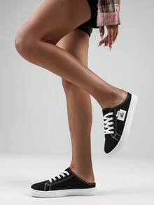 女士一脚蹬运动鞋，帆布一脚蹬鞋，时尚舒适拖鞋，防滑乐福鞋，休闲露跟鞋 - 黑與白 - 查看 5