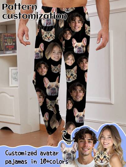 Spersonalizowane męskie spodnie piżamowe, wyjątkowy portret pary/zwierzaka z nadrukiem, kolorowe, urocze, urocze, z nadrukiem, zabawne, niestandardowe, niepowtarzalne, spersonalizowane, idealne prezenty dla niego, idealne prezenty dla niej, chłopaka, dziewczyny, rodziny, przyjaciół, dla niej, spersonalizowana męska odzież domowa, delikatny romans, jesień, bielizna i piżamy, świąteczna atmosfera w domu, zima