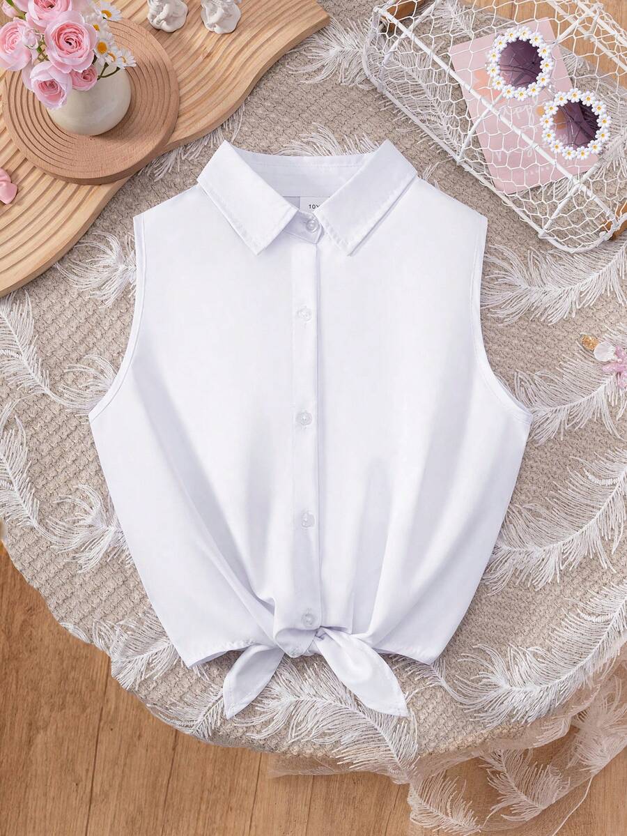 Girls & Kids Versatile Casual School Style Solid White Tie Up Sleeveless Shirt, Suitable For Vacation, Gathering, Group Activities - White - View 1
