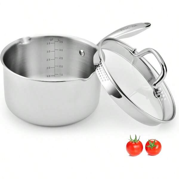 Olla con tapa de vidrio colador de 3,5 cuartos de galón de acero inoxidable con dos boquillas laterales, olla a prueba de inducción de uso múltiple con tapa para cocinar, Body totalmente de triple capa