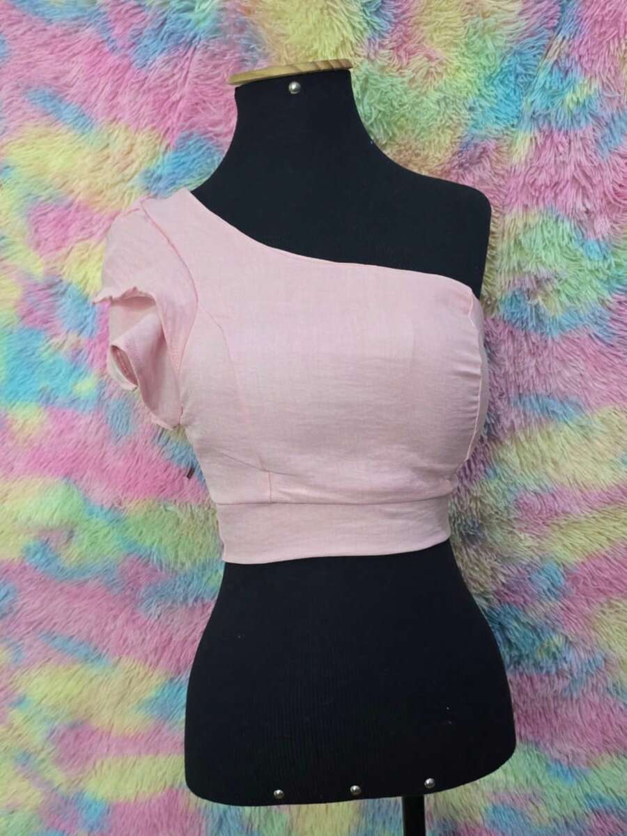 Linen Side Crop Top With Padded Color Block Asymmetrical Knot Stage & Concert