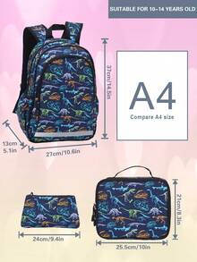 GUSTELL 3pcs Set Kids Backpack With Lunch Box & Pencil Case, Football, Dinosaur, Cartoon Pattern, Suitable For Travel, Camping, Outdoor, With Padded Back And Adjustable Straps, Fashionable Printed (Football Pattern) - Bundles - View 12