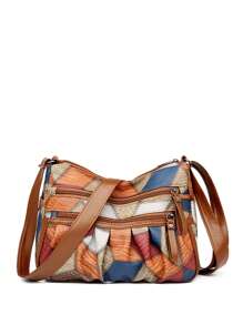 Bolso de hombro de mujer de PU con bloques de color y parches, de gran capacidad con múltiples bolsillos, bolso cruzado para compras, casual, para vacaciones y viajes, bolso de mensajero versátil con monedero y bolsa cuadrada plisada para ir al trabajo diario