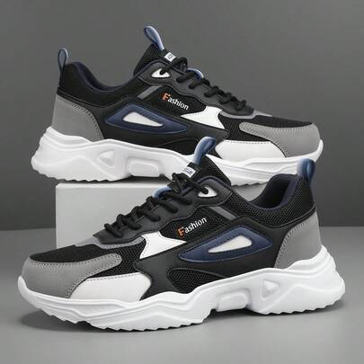 Men's Breathable Black & Gray Color Block Mesh Splice Design Casual & Sport Shoes, Comfortable All Season Running Sneakers, Fashionable Outdoor Versatile Athletic Footwear
