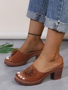 欧美风格粗跟花朵装饰女士一脚蹬凉鞋，厚底粗跟正装鞋 - 棕色 - 查看 3