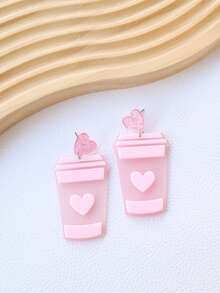 1 Pair Acrylic Heart Shaped Boba Tea Cup Earrings, Cute Style Valentine's Day High-End Earring Accessories - Milk Tea Cup - View 2