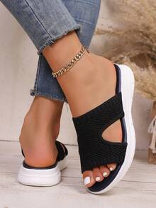 1 paire de sandales plates de plage/sport en tissu ajouré de style preppy, nouvelles chaussures décontractées à la mode pour la plage, les vacances, les mariages, l'école, les fêtes, l'été - Noir - Voir 2