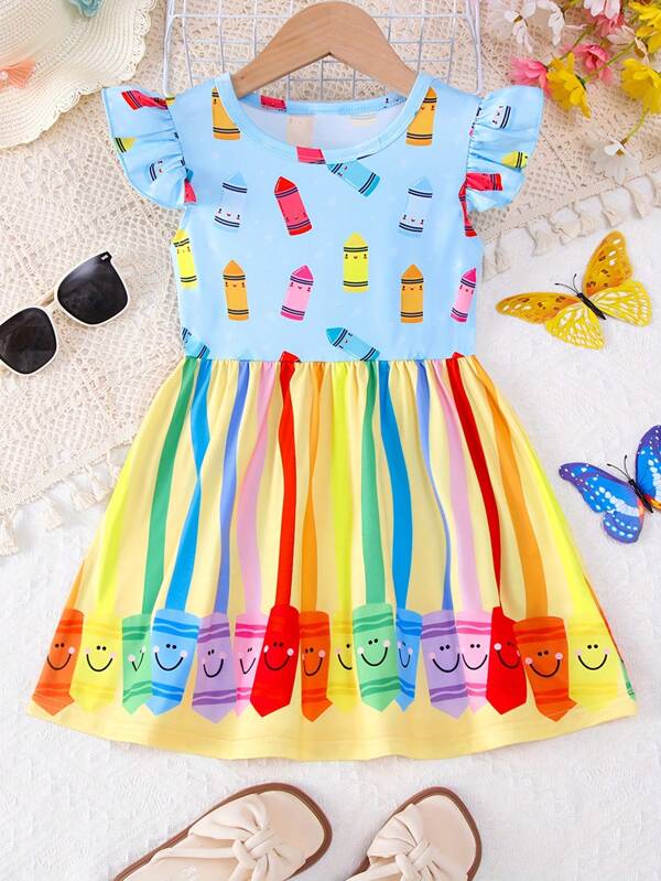 Kleine Mädchen Cartoon Buntstift bedrucktes Kleid mit Rundhalsausschnitt und Flügelärmel, geeignet für Sommer Schulanfang