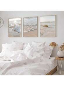 Set de 3 tablouri pe pânză cu peisaj marin bej boho, poster cu ocean, artă modernă, imprimeu cu apus de soare pe plajă, decor de perete cu peisaj natural, cadou ideal pentru dormitor, living, hol, neînrămat