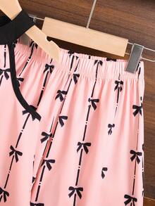 年轻女孩优雅蝴蝶结领口印花背心 + 阔腿裤两件套，法式奢华百搭服装，适合派对 - 粉色 - 查看 5