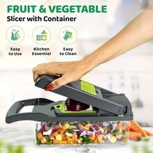 1 套多功能切碎机、带容器的食物切碎机、厨房蔬菜洋葱切碎切片机、土豆切丝器沙拉切碎机不锈钢蔬菜切片机、带可更换刀片的手动食物切碎机、手持式切片机和切片机、带容器的洋葱切片机