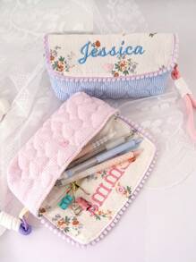 Personalized Quilted Pencil Case, Cute Quilted Aesthetic Stationery Pouch, Colorful Floral Pen Holder, Soft Bag Gift For Girls