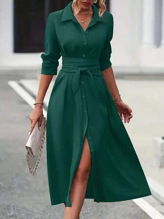 Vestido de manga larga de unicolor de media cintura con cintura anudada, de estilo europeo y americano, nuevo para mujer en otoño/invierno