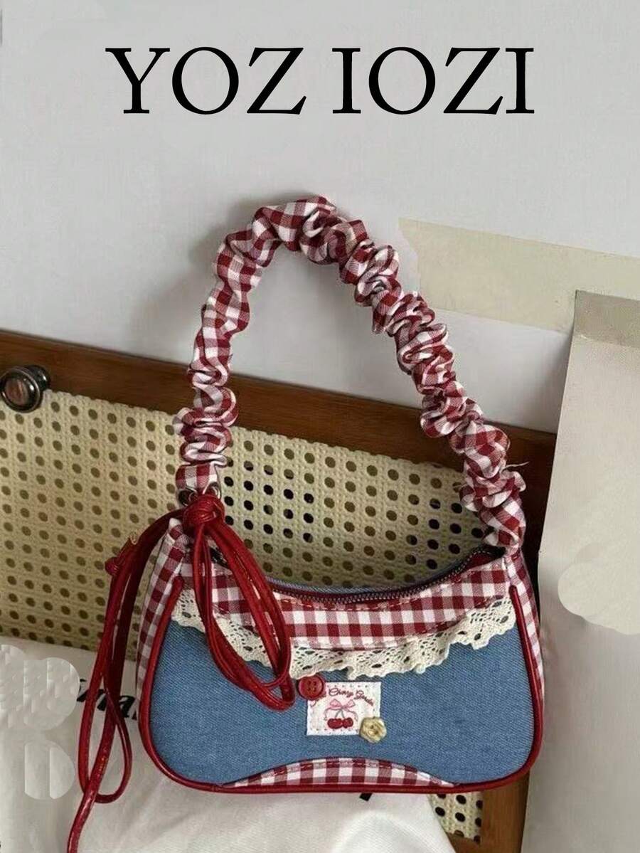Rot karierte Handtasche für den Arbeitsweg, Einkaufen, täglichen Gebrauch, koreanischer Stil Schulterbeutel, vintagemäßige Baguette-förmige karierte Tasche für Frauen