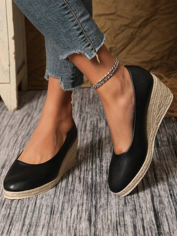 Fashionable, Elegant, Casual, Versatile, Daily Commute Solid Color Casual Commute Outdoor Elegant Party Resort Fashion PU Leather Woven Women's Platform Wedge High Heel Shoes, Fall Shoe, Shoes, Holiday, Wedding, Resort, Party, Indoor Outdoor, All Season