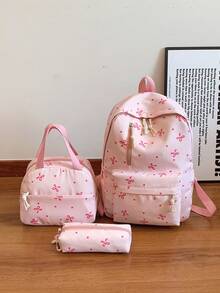 3 Pcs Fashionable Preppy Bow Print Backpack Set,Backpack&Lunch Bag&Pencil Case,With Laptop Compartment Bookbag,Adjustable Strap Bookbag Set,Multi Pockets High-Capacity School Bag Set Multifunctional Daypack Set Idea For Girls/Teens/College Students/Graduate/Graduate For Daily Use/Vacation/Travel/Back To School