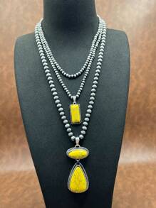 Retro Western Country Style Faux Pearl CCB Beaded Necklace Chain With Water-Drop Pendant, 3 Layers Chain Design, Matching Rectangle Earrings, Suitable For Women And Girls To Pair With Daily Outfit, Party Accessories, Jewelry, Gift For Family/Friends/Yourself