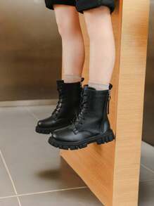 1 Pair Kids' Side Zipper Decorated Boots, PU Material, Comfortable, Mid-Top Lace-Up, Thick Sole, Fashion Work Boot Style, Suitable For Daily And School Wear