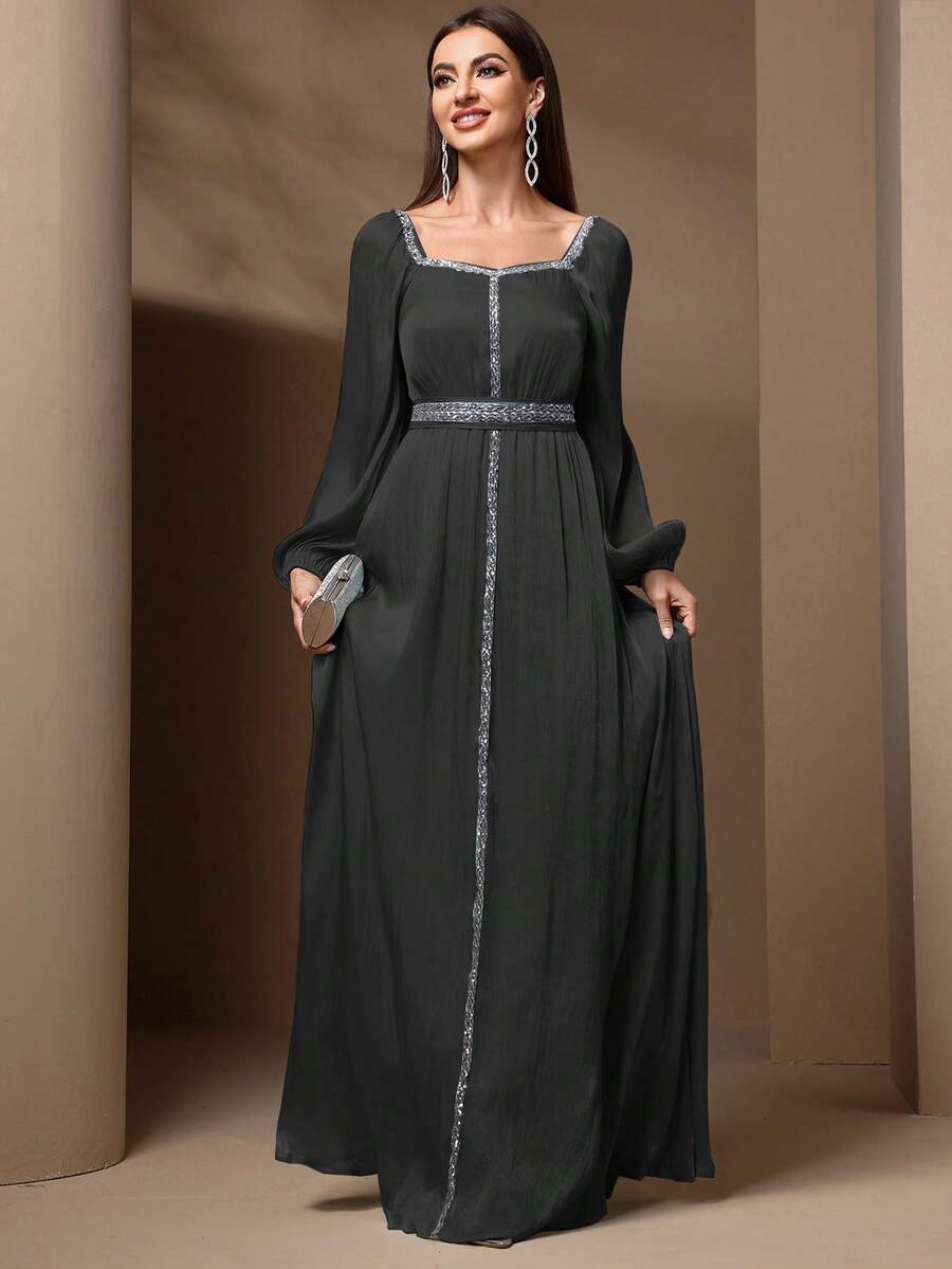 Women's Elegant Sequin & Ribbon Patchwork Lantern Sleeve Dress, Spring & Summer - Black - View 1