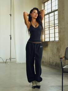 Women's Summer Camisole, Casual Solid Color Ribbed Spaghetti Strap Tank Top With Padded Bust - Black - View 6