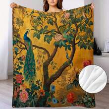 Vintage 70s/80s Peacock & Floral Throw Blanket – Soft, Colorful Spring Forest Design With Vibrant Peacocks & Lush Greenery ,Super Soft Flannel Printed 3D Blanket, As Birthday Gifts, Family, Wedding, Souvenir Blankets, Polyester Blankets Suitable For All Seasons, Washable, Machine Washable, Lightweight, Breathable, Comfortable, Warm, Unique, 280gsm For Him, Her Personalized Ideal Gifts For Her, Him, Family, Boyfriend, Girlfriend, Father, Family, Mother, Lover, Daughter, Son, Grandfather, Grandmother, Friend, Classmate, Pet. Perfect Nap, Camping, Travel, Home, Daily Life, Office Decoration, Birthday, Anniversary, Valentine's Day, Thanksgiving, Christmas, Halloween, Mother's Day, Father's Day, Wedding, New Year Gifts ,Sofa,Bed,Car,Bedroom,Living Room,Office,  Outdoor Camping, Beach,Wall Decoration - 彩色 - 查看 3