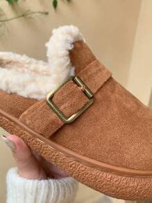 XIXITIAO 1双女士秋冬简约抽绳金属扣复古休闲一脚蹬乐福鞋，毛绒鞋头，浅棕色 - 棕色 - 查看 8