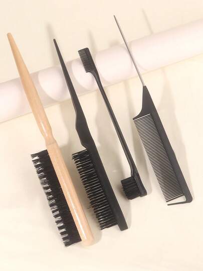 4pcs Professional Comb Set, Wooden 3-Row Comb, Pointed Beard Brush, Suitable For Hairstyling - Back Combing, Parting, Sectioning And Smoothing Frizzy Hair, Pointed Comb, Double-Sided Comb, Edge Comb, Suitable For Salon And Home Use, Essential For Back-To-School Season And Travel, Women Hair Accessories