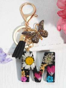 One Initial Keychain For Girl And Ladies, Pink Cute Dry Flower Dandelion Key Chain, Backpack/Handbag Decoration, Butterfly Tassel, Gift Car Accessories Bag Charm School Goth Y2k