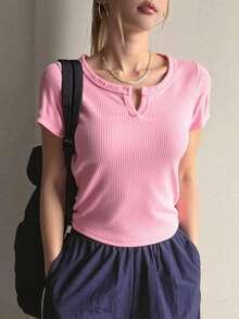 "Blusa corta juvenil de canalé con cuello en V sutil y manga corta" - Rosa Pálido - Ver 2